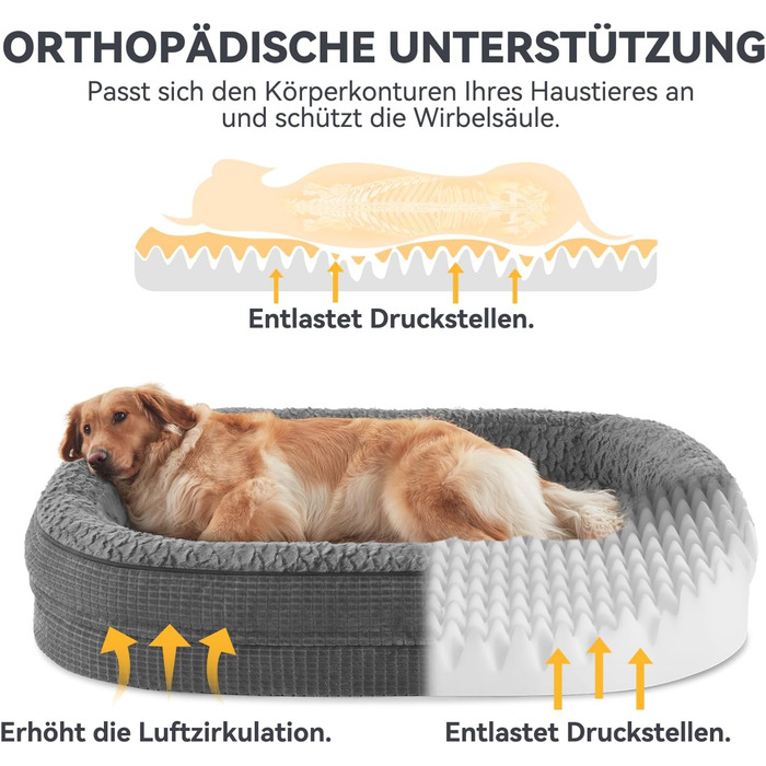 Ортопедичне ліжко для собак середнього розміру Pawk, з чотирибічною подушкою для шиї, з memory foam, водонепроникне, неслизьке, знімне та пральне, сіре, розмір L-L 89 x 63 x 18 см