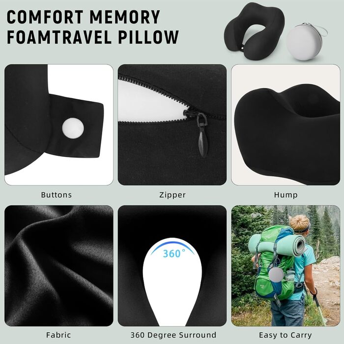 Подушка для шиї у подорожах: Memory Foam, для авто, літака, офісу та дому (чорна)