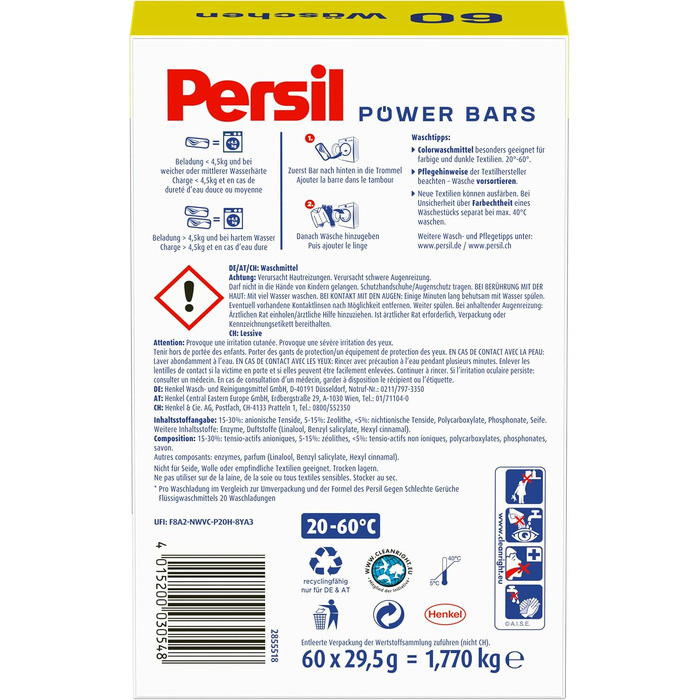 Капсули для прання Persil Power Bars Color для кольорових речей, 60 прань, гігієнічна чистота від 20°C, 1.77 кг