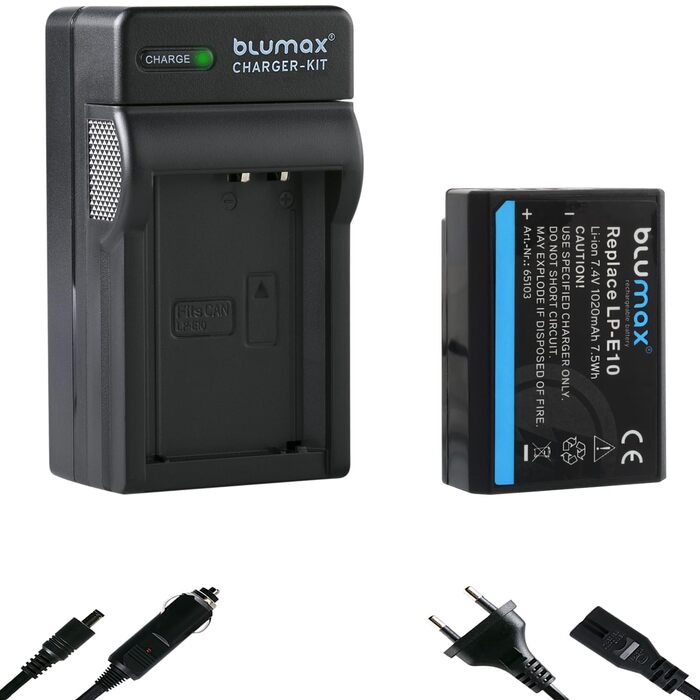 Акумулятор Blumax сумісний з Canon LP-E10 (1020mAh) + Зарядний пристрій Slim Dual LC-E10e для Canon EOS 1500D/2000D/4000D/Rebel T3/T7/T100/Kiss X2/X90