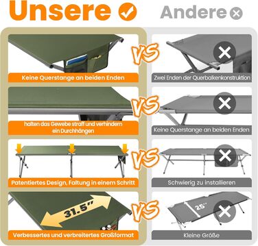 Розкладне ліжко для кемпінгу 210x80x60 см, стабільне, з кишенею, 200 кг, для відпочинку на природі, в саду, в подорожах, вдома (зелене)