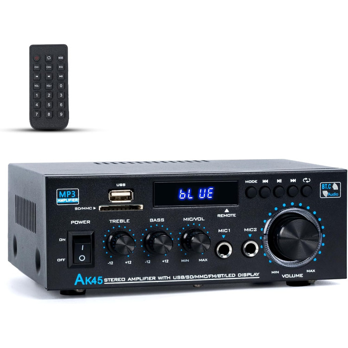 NEOHIPO HiFi-усилювач AK45 Mini, Bluetooth стерео аудіоусилювач 400Вт, 2-канальний, цифровий, з FM-радіо, SD/USB, для дому або авто, чорний