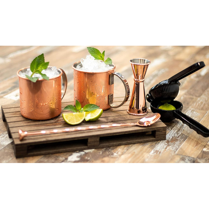 Moscow Mule Complete Set, 2 x 500 ml Cocktail Mugs, 27 cm Bar Spoon, 5cl Jigger & Black Lime Squeezer, Food-Grade, Cocktail Mug Set including Gift Box, Polished Copper