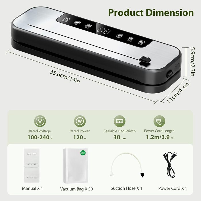 Вакуумний апарат Automatik 6-в-1 для продуктів харчування, з 50 пакетами, цифровий таймер, для сухих та вологих продуктів