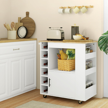HOMCOM Kitchen Cart Serving Cart with Worktop, Shelves, Wine Racks, Kitchen Cabinet Rolling Cart with Soft-Close Hinges, Handle, Kitchen Island for Office, 83x40x83cm, Oak | Aosom