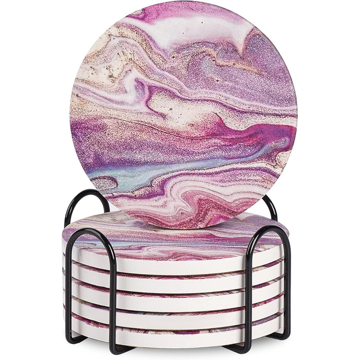 Guruji Divinity Absorbent Ceramic Stone Coasters, Set of 6, with Cork Bottom, Fun Drink Coasters with Holder for Cold Drinks, Wine Glasses and Cups, Table Protection, 4 inches (purple)
