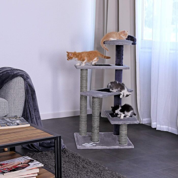 Драбина для котів Lionto з 3 платформами та затишним лежанкою, висота 100 см, котячий будиночок з сизалевим мотузком та м'яким плюшем, підходить для кошенят та великих котів, ідеальний догляд за кігтями, сірий/світло-сірий