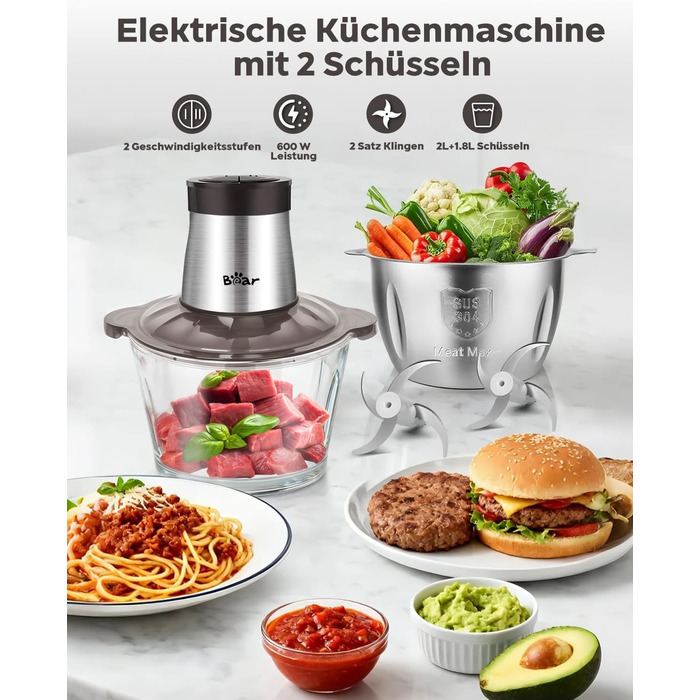 Електричний подрібнювач Bear 2L+1.8L з м'ясоподрібником, 600W, 2 швидкості, 4 леза з нержавіючої сталі, скляна ємність для м'яса, дитячого харчування, фруктів та овочів