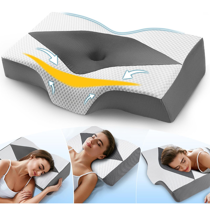 Подушка для шиї та плечей Hydomi з піною з пам'яті, ортопедична подушка для сну, регульована ергономічна подушка для сну на боці, спині та животі - порожниста конструкція, сірий та білий колір
