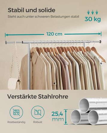 SONGMICS Clothes Rack with Wheels, Extendable Clothes Rod, Garment Rack Made of Steel Pipes, Elevated Storage Rod, 40 x (83-120) x 156 cm, Cloud White HSR134W01 (Silver)