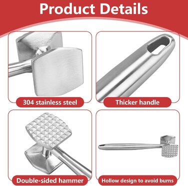 АКОЛАФЕ Fleischklopfer: М'ясорубка для відбивання м'яса з нержавіючої сталі, 26 см, подвійна сторона, для стейків, курки, свинини, реберець, антипригарне покриття, з отвором для підвішування, придатна для миття в посудомийній машині