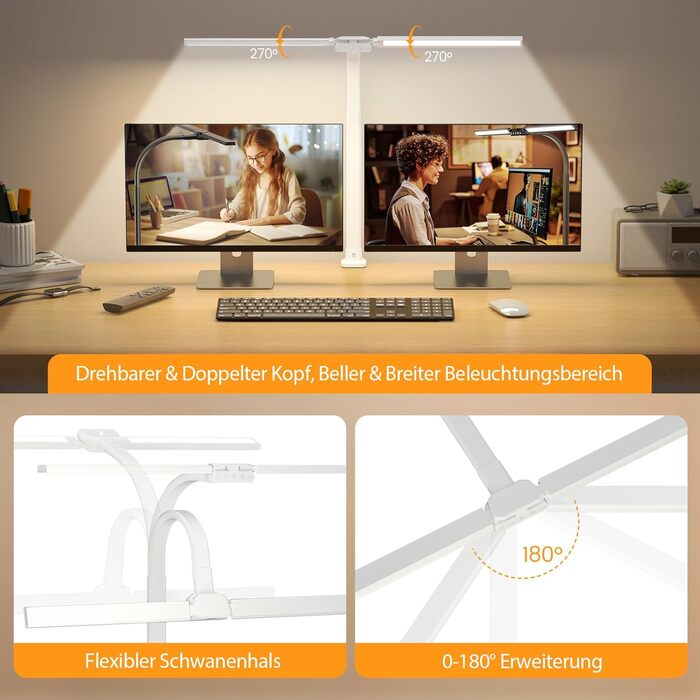 LED лампа настільна з двома головками, регульована яскравість, кріплення на струбцині, захист очей, денне світло, для офісу та ПК, RGB