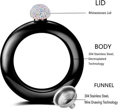 Набір флакончиків Qingo: флакон, браслет, перстень, нержавіюча сталь 304, 100 мл, чорний з кришкою зі стразами