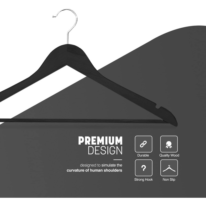Плечики для одягу KEPLIN Starker з натурального дерева (30 шт.) з поворотним гачком 360° та перекладиною для штанів. Підходять для пальто, жакети, костюми. Економія місця в шафі. Чорний колір, 20 шт.