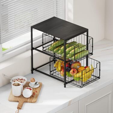 Meltrck Spice Rack and Kitchen Organizer, 2-Tier Pull-Out Kitchen Organizer, Metal and Wood Composite for Kitchen, Countertop, Pantry, and Dining Room (Black)
