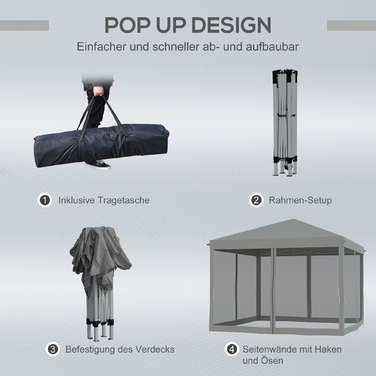 Outsunny Folding Gazebo, Folding Tent 3x3m with Side Walls incl. Carrying Bag Metal and Oxford light grey and black for Garden and Events