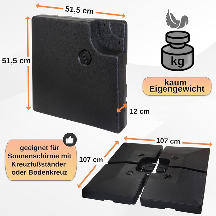 BB Sport Parasol Stand 90 Liter / 150 kg Umbrella Weights 4-Piece for Market Umbrella Base Black - Fillable with Water or Sand 7 Year Material Warranty*