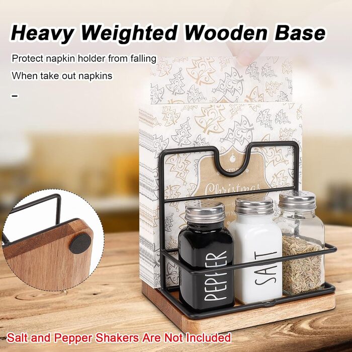 Livabber Napkin Holder, Metal Napkin Storage with Salt and Pepper Shakers, Caddy, Modern Napkin Dispenser for Table, Kitchen, Countertop, Salt and Pepper Shakers (Midwood, Black)