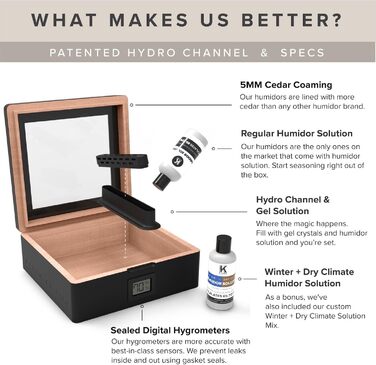 CASE ELEGANCE MAG - Настільний вологозбережувач для сигар, горіх, 20-30 сигар, скляна кришка з магнітом, восьмигранна форма, цифровий гігрометр, іспанська кедр (чорний з монограмою)