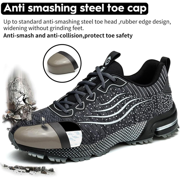 Чоловічі та жіночі робочі черевики з металевим капаком, спортивні, з амортизацією, неслизькі (47 EU, Сірий)