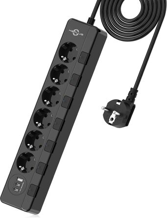 Мережевий фільтр KEPLUG з USB, 4000W, 16A, 6 розеток, 2м кабель, захист від перенапруги, дитячий захист, чорний