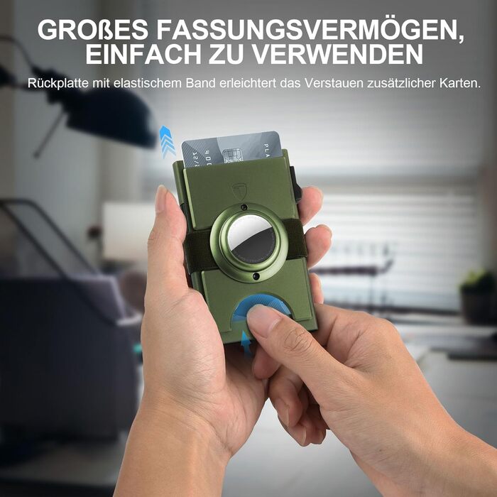 Чоловічий гаманець TOYFID з відділом для AirTag, 12 слотів для карток, відділення для паперових грошей, RFID захист, швидкий доступ до карток, алюміній, зелений з кишеню для AirTag