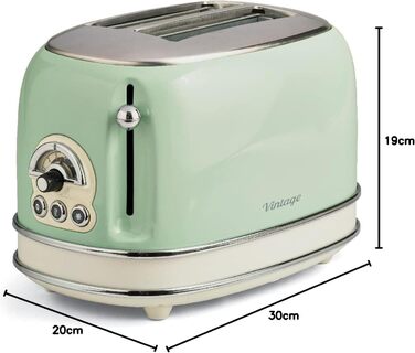 Тостер Ariete Vintage 155, 2-слайсовий, ретро, 6 режимів, автоматичний викид, розморожування, зйомний піддон, нержавіюча сталь, щипці для сендвічів, 810 Вт, зелений