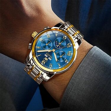 Чоловічий механічний годинник OLEVS з автопідзаводом, золотисто-сріблястий сталевий браслет, синій циферблат, фаза місяця, водонепроникний, люкс бізнес-стиль (6692)