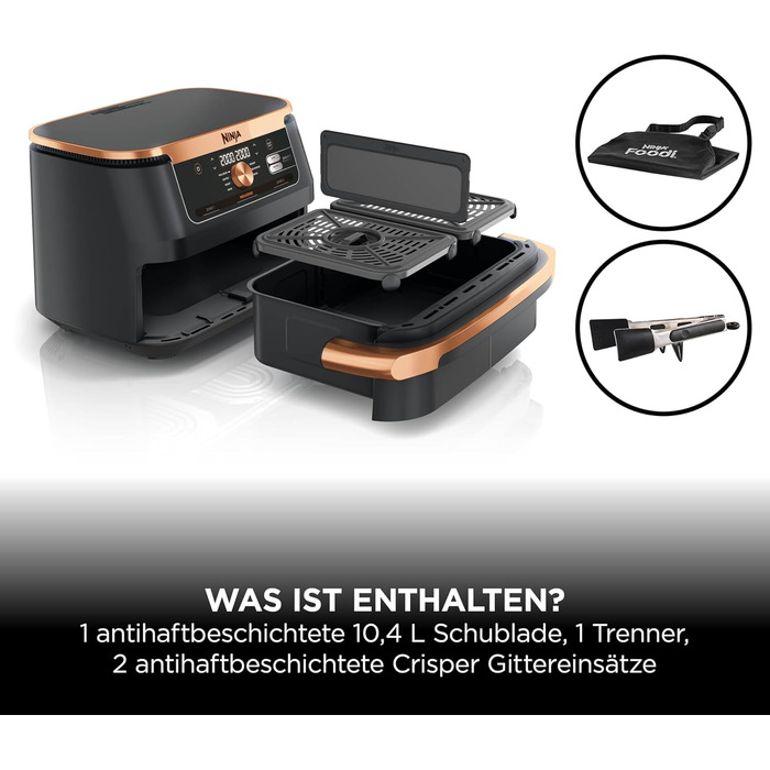 Ninja Foodi FlexDrawer Dual Zone Фритюрниця з гарячим повітрям 10.4л, чорно-мідна AF500EUCP - мультипекарка 7-в-1 з антипригарним покриттям
