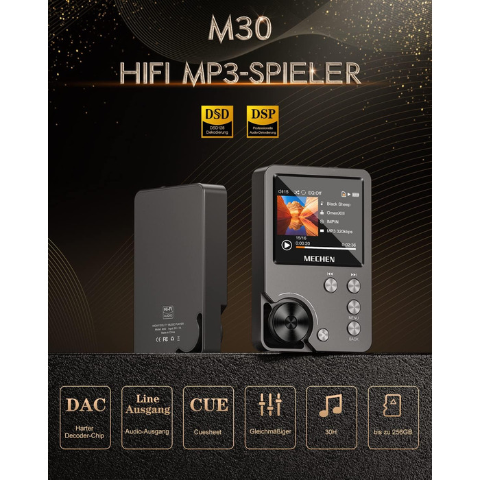 MECHEN M30 MP3 Плеєр Hi-Res з DAC, DSD FLAC, 64GB, Підтримка до 256GB (Сірий)