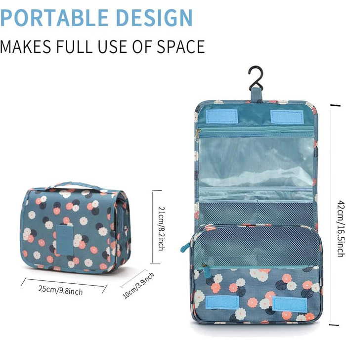 Сумка для туалетних приналежностей на блискавці | Розкладна дорожня косметичка з ручкою | Багатофункціональна сумка для туалетних речей, компактна косметичка, валізка для чоловіків та жінок (Квітка блакитна)