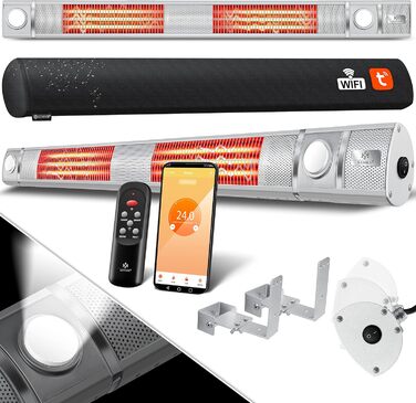 Інфрачервовий обігрівач KESSER® 3000W з LED-підсвічуванням та Wi-Fi, для тераси, кафе, бару, з пусковим пристроєм та захисним чохлом. Кварцовий настінний обігрівач (срібний)