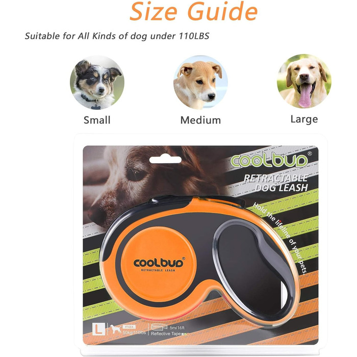Висувна поводок для собак, 5 м, міцний поводок-рулетка з неслизькою ручкою та кнопкою швидкого гальма, для великих собак до 50 кг, помаранчевий