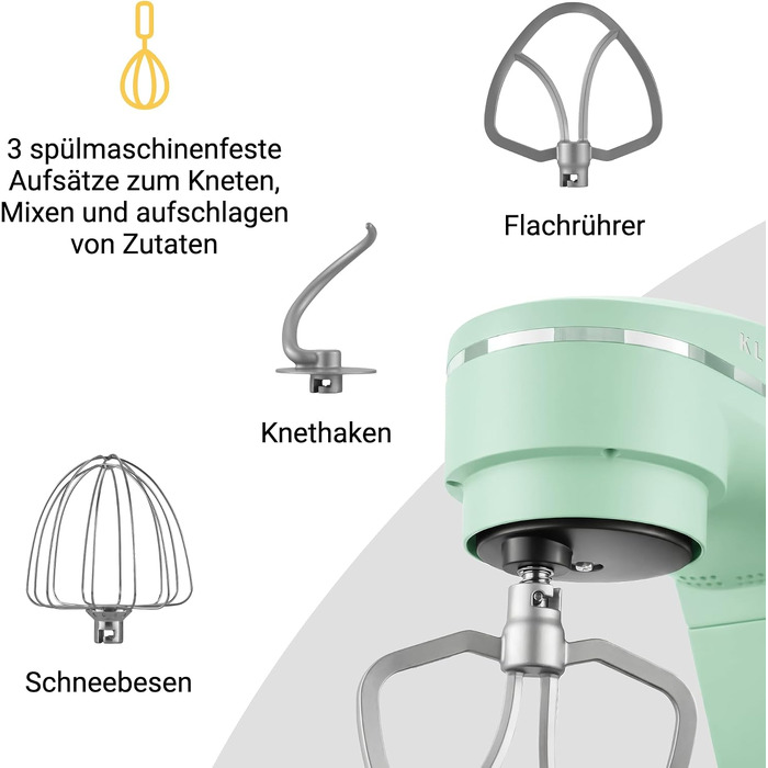 Кухонний комбайн KLAMER 1800W, планетарний міксер для тіста з чашею з нержавіючої сталі 6л (Premium Mint)