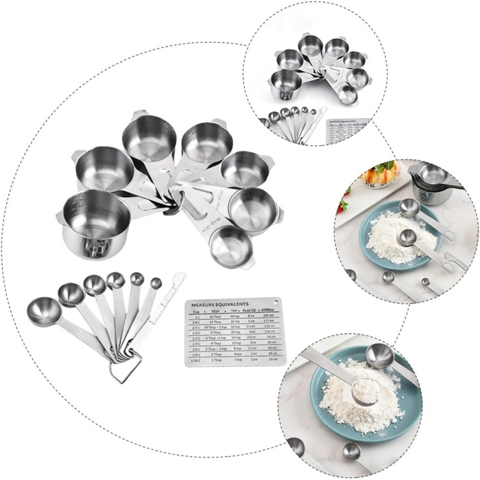 Stainless Steel Measuring Cup and Spoon Set with 7 Cups and 7 Spoons for Cooking and Baking