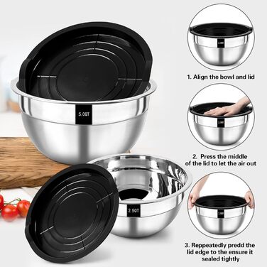 Wildone Mixing Bowl Set, 7-Piece Stainless Steel Bowl Set with Airtight Lids, Stackable, Dishwasher Safe, Sizes 5, 3.5, 2.5, 2, 1.5, 1, 0.67 QT, ideal for mixing and serving