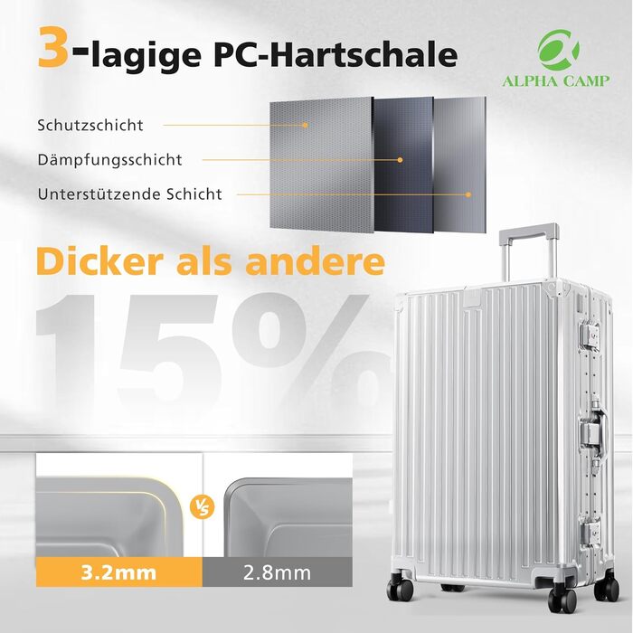 Чемодан ALPHA CAMP XL з алюмінієвим каркасом та полікарбонатною жорсткою оболонкою, TSA-замок, 40x36x77 см, 93 л, срібний