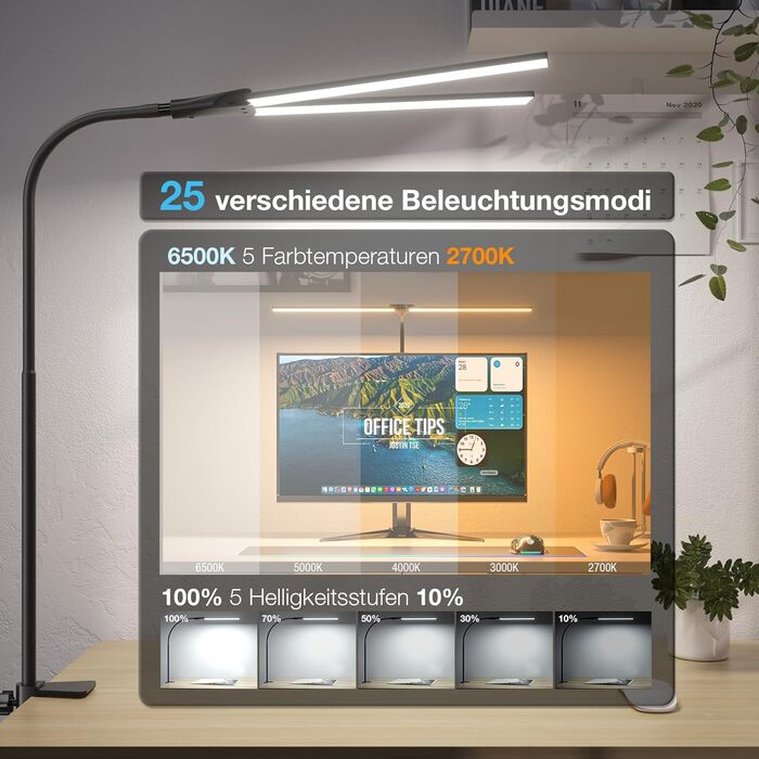LED лампа настільна для офісу та дому, світло для монітора, 1400 люмен, регульована яскравість, кріплення на кліпсі, світильник для робочого місця, гнусий «лебединий шия», подвійний насадки, 5 режимів кольору та рівнів яскравості, білий колір (чорний, 64 