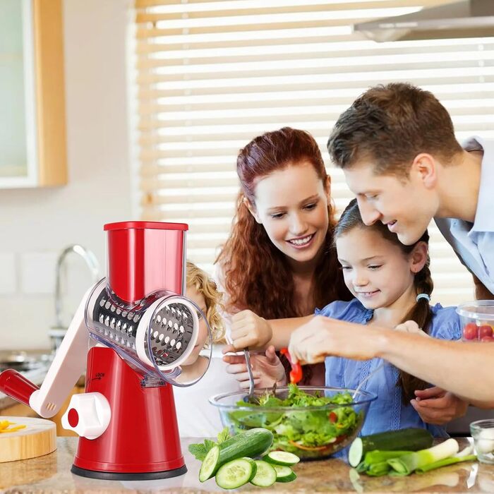Ручна тертка для сиру та овочів Diealles Shine з 3 змінні леза з нержавіючої сталі, з кришкою, для сиру, овочів, горіхів, кабачків, моркви (червона)
