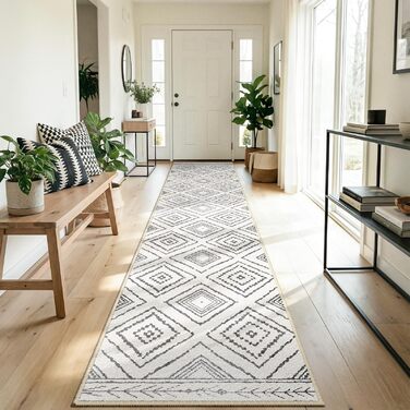 Килимок-довгий килим для коридору 60 x 180 см, неслизький для кухні, з коротким ворсом, пральний, складаний, у стилі бохо – для коридору, кухні, вітальні та офісу, чорно-білий 60 x 180 см
