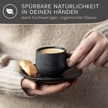 Stone Age Design Espresso Cups (6x80ml) - Espresso Cup Set with matching saucers - Espresso coffee cups made from 100% handmade - stackable cappuccino cups in black