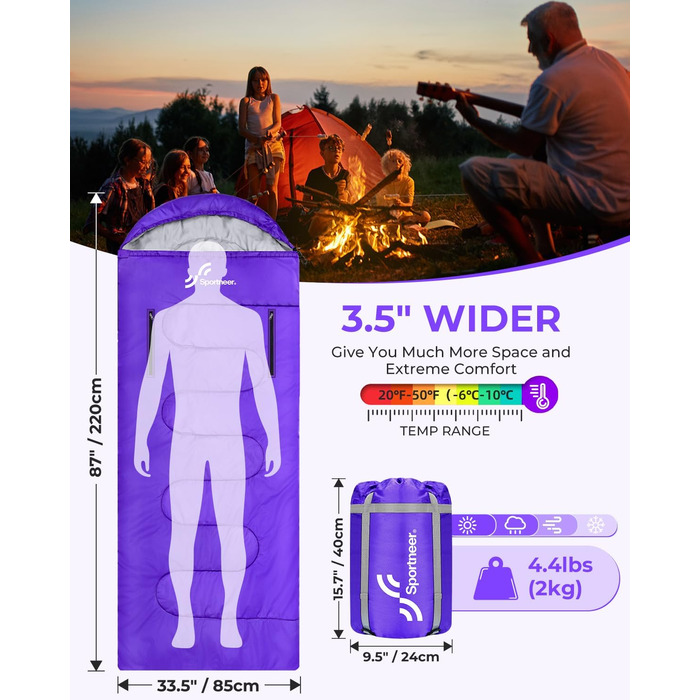 3-4 Season Sleeping Bag - Waterproof, Lightweight Sleeping Bag for Camping, Travel & Outdoor Activities - 220x84cm, 1.9KG (Violet)