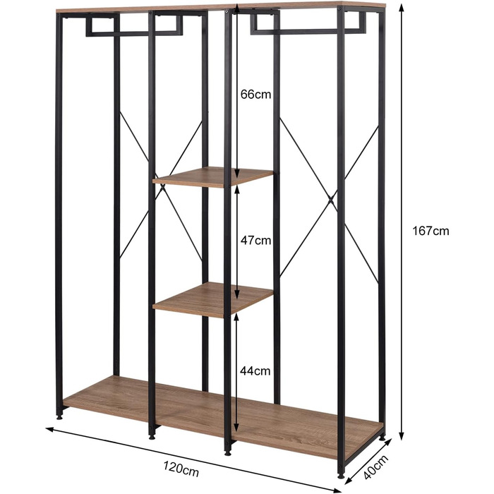 WOLTU XXXL Clothes Rack Freestanding with Shelf, Clothes Rail Wardrobe, Open Clothes Rod with Shoe Shelf for Bedroom, Wood and Steel, Black + Light Oak