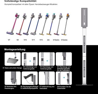 Підставка для пилососа Dyson з розкладними гачками та міцною основою з вуглецевої сталі – монтаж без свердління, компактне зберігання для всіх бездротових пилососів Dyson та аксесуарів, сірий колір