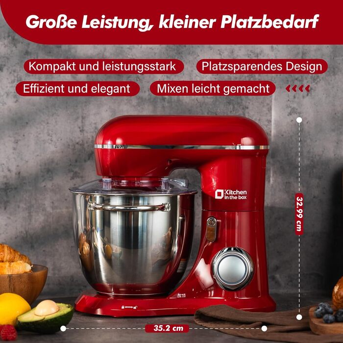 Кухонна машина Küchenmaschine 6 л, 1300 Вт, 10+ швидкостей, з набором насадок (міксер, гак для тіста, вінчик), темно-зелений/червоний