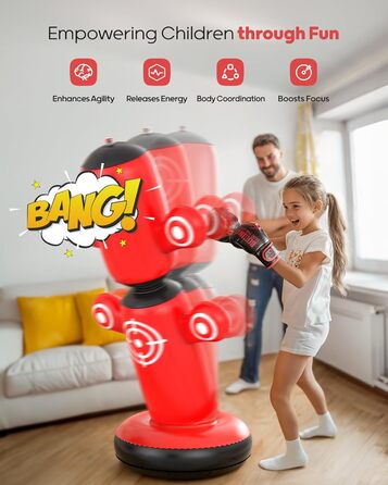 Дитячий боксерський мішок QPAU 360° з мішенями, 64 дюйми, для дітей 6-14 років, з рукавичками та насосом, червоний
