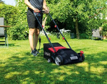 Scheppach Electric Scarifier SC32 | 1500W Power | Working Width 32cm | 30 L Collection Basket | 4-Position Height Adjustment/up to 4mm | Scarifying Roller (16 Blades) and Aeration Roller (36 Tines)