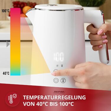 Електричний чайник MPM MCZ-120 1,5L з подвійними стінками, регулюванням температури 40–100°C, нержавіюча сталь, 2200W, тихий, швидкий, сенсорне управління, легкий, елегантний, білий