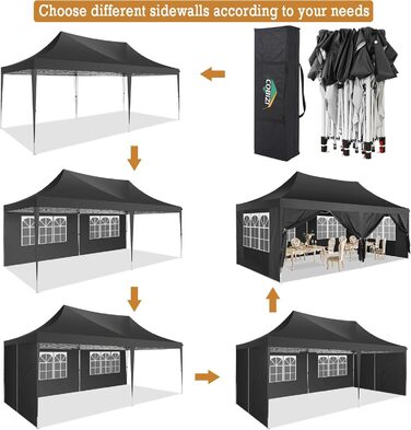 COBIZI Pavilion 3x3 Waterproof, Stable, Winter-Proof Party Tent 3x3 with 4 Side Walls Pop-Up Folding Pavilion UV Protection 50+ Garden Pavilion with Handbag, 8X Pegs and 4X Wind Rope, (Black, 3x6 m)