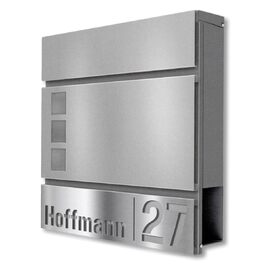 Поштова скринька Metzler Svena з нержавіючої сталі, RAL 9007 графітовий алюміній, з вікном, відділенням для газет, табличкою для імені та номера будинку. Розмір: 37x37x10.5 см